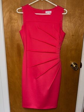 Calvin Klein Hot Pink Sleeveless Sheath Dress with Draped Pleats